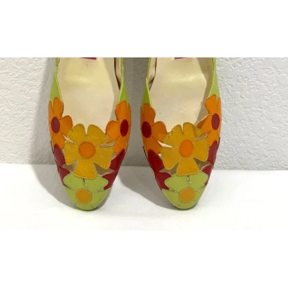 Vintage Y2K Womens Shoes 9M Leather Bright Floral Pointed Toe Lime Green Spain - Picture 9 of 9